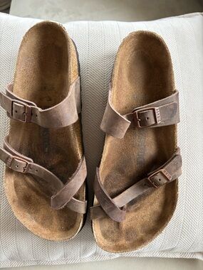 Birkenstock womans Brown Leather Double-Strap Slide Sandals